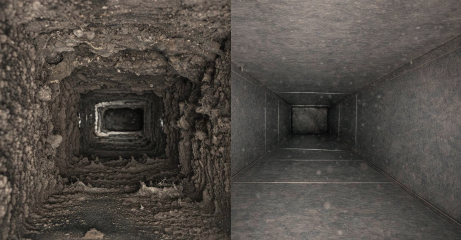 Comparaison côte à côte d'un conduit d'aération sale et rempli de débris avec un conduit propre et vide.