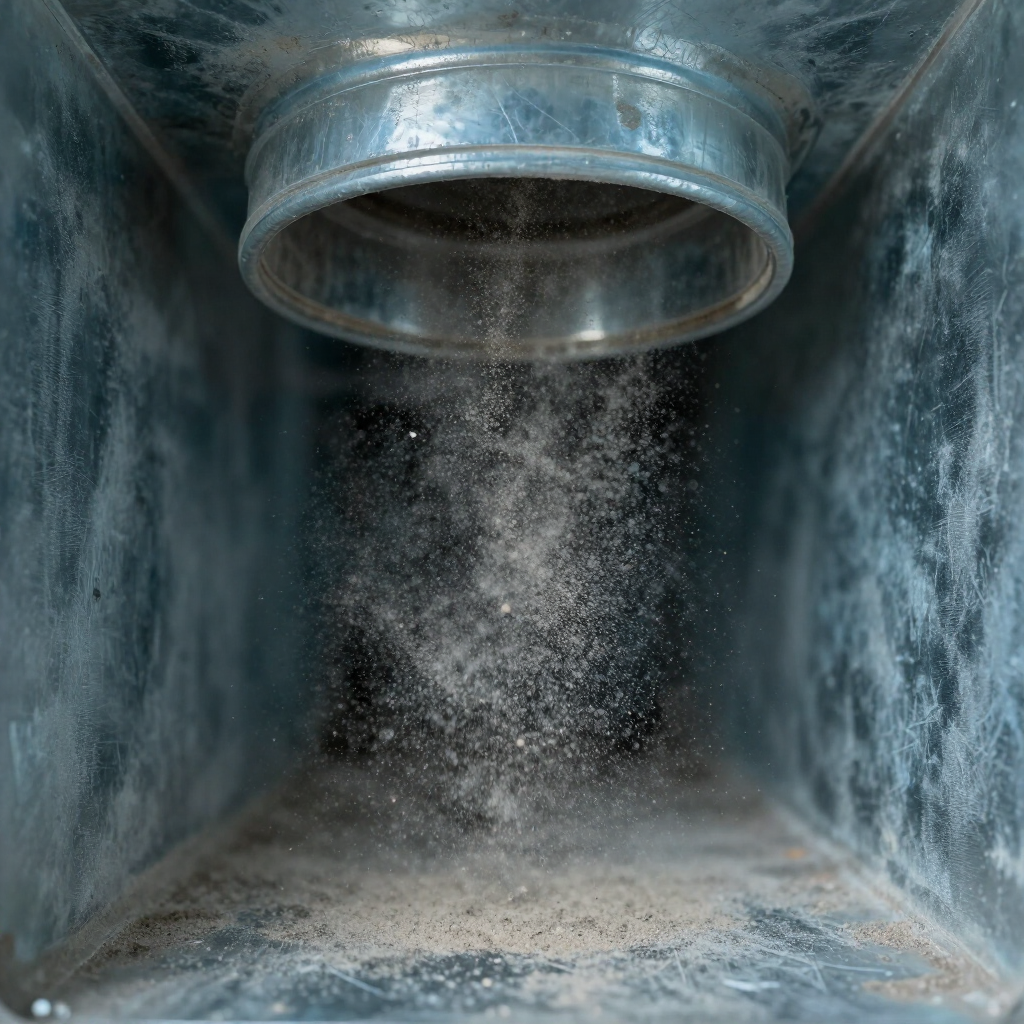 Des particules de poussière tombent d'une ouverture de ventilation métallique dans un conduit poussiéreux.