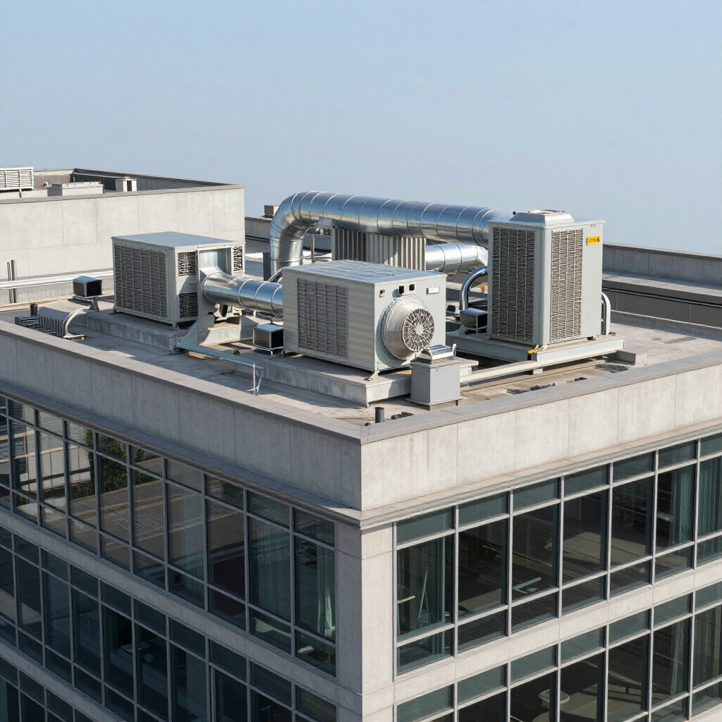 Des unités de climatisation commerciales et des conduits sur le toit.
