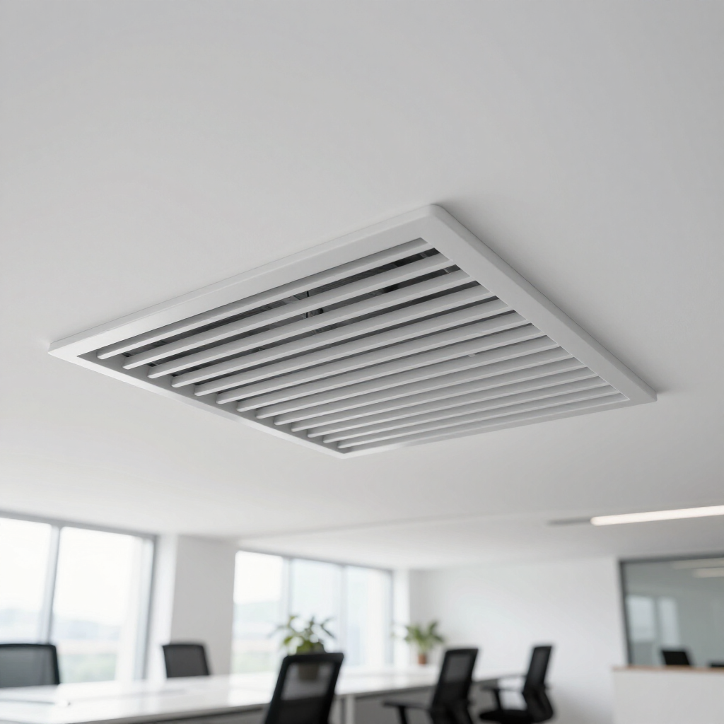 Une grille de ventilation, installée au plafond d'une salle de conférence de bureau moderne et lumineuse.