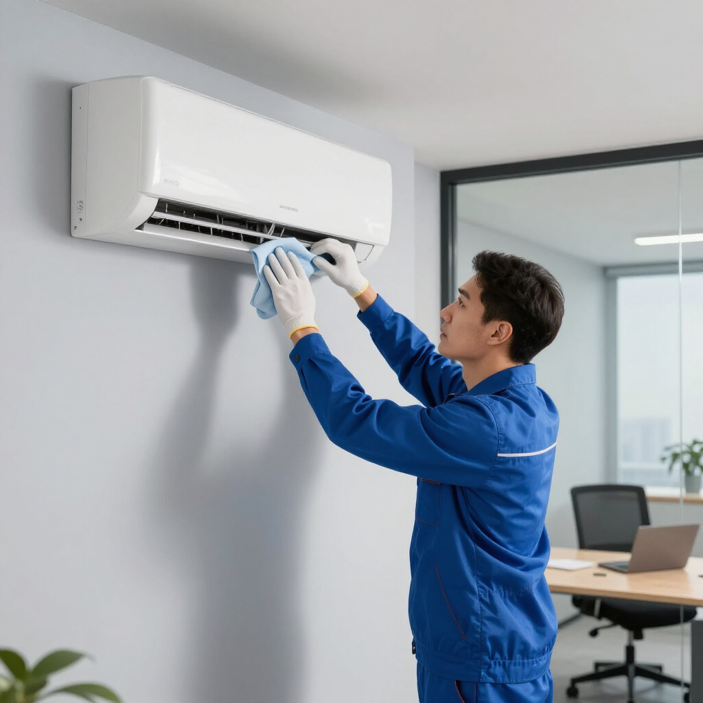 Dans un bureau, un technicien en uniforme bleu et gants nettoie l'intérieur d'un climatiseur mural blanc.