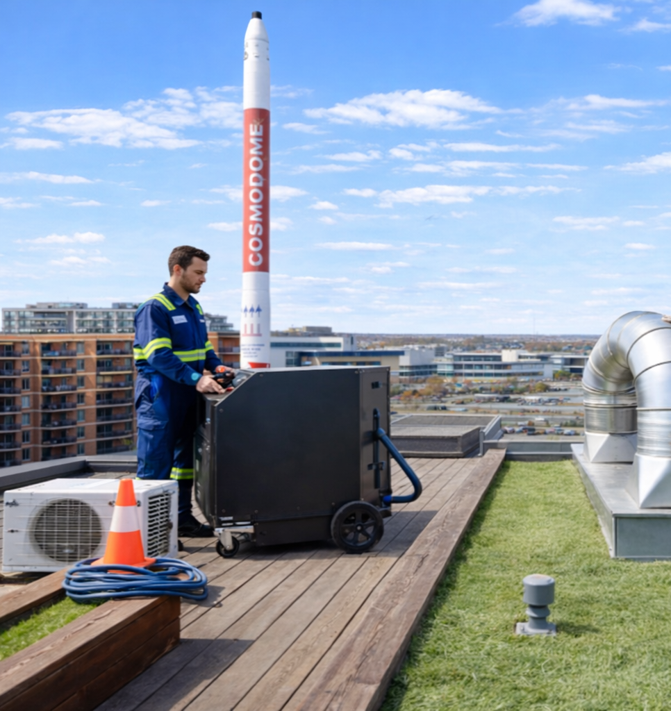 Un professionnel en uniforme bleu et lunettes de sécurité nettoie des conduits de ventilation.