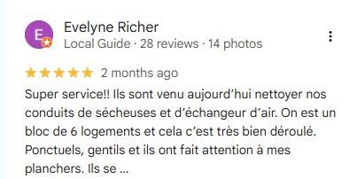Un avis cinq étoiles sur Google rédigé par Evelyne Richer