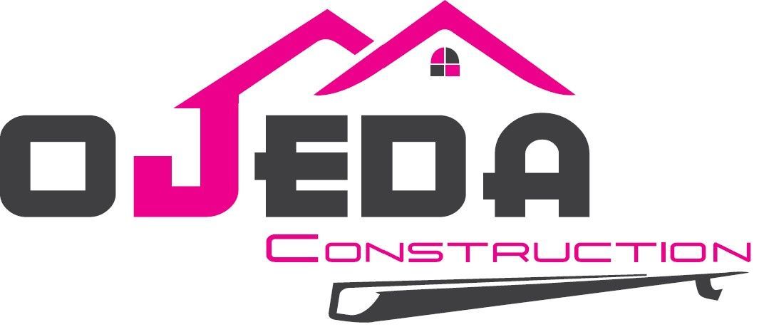 A logo for ojeda construction with a house and gutter.
