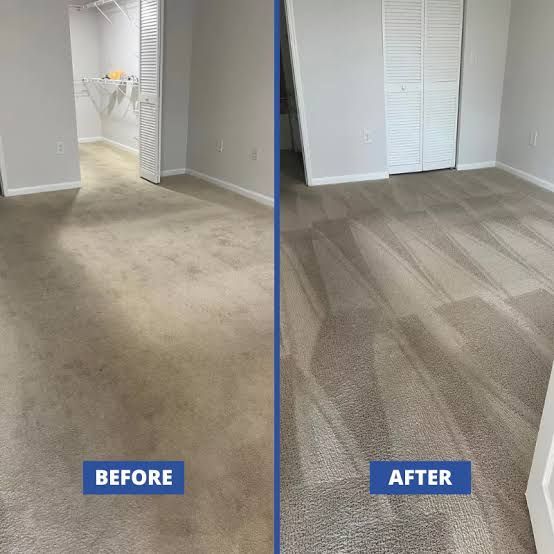 Before-and-after view of a beige carpeted room, showing a cleaner, brighter floor on the right.