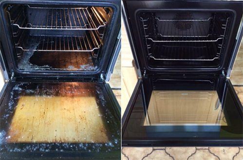 Dirty oven interior beside a clean, freshly wiped oven with the door open
