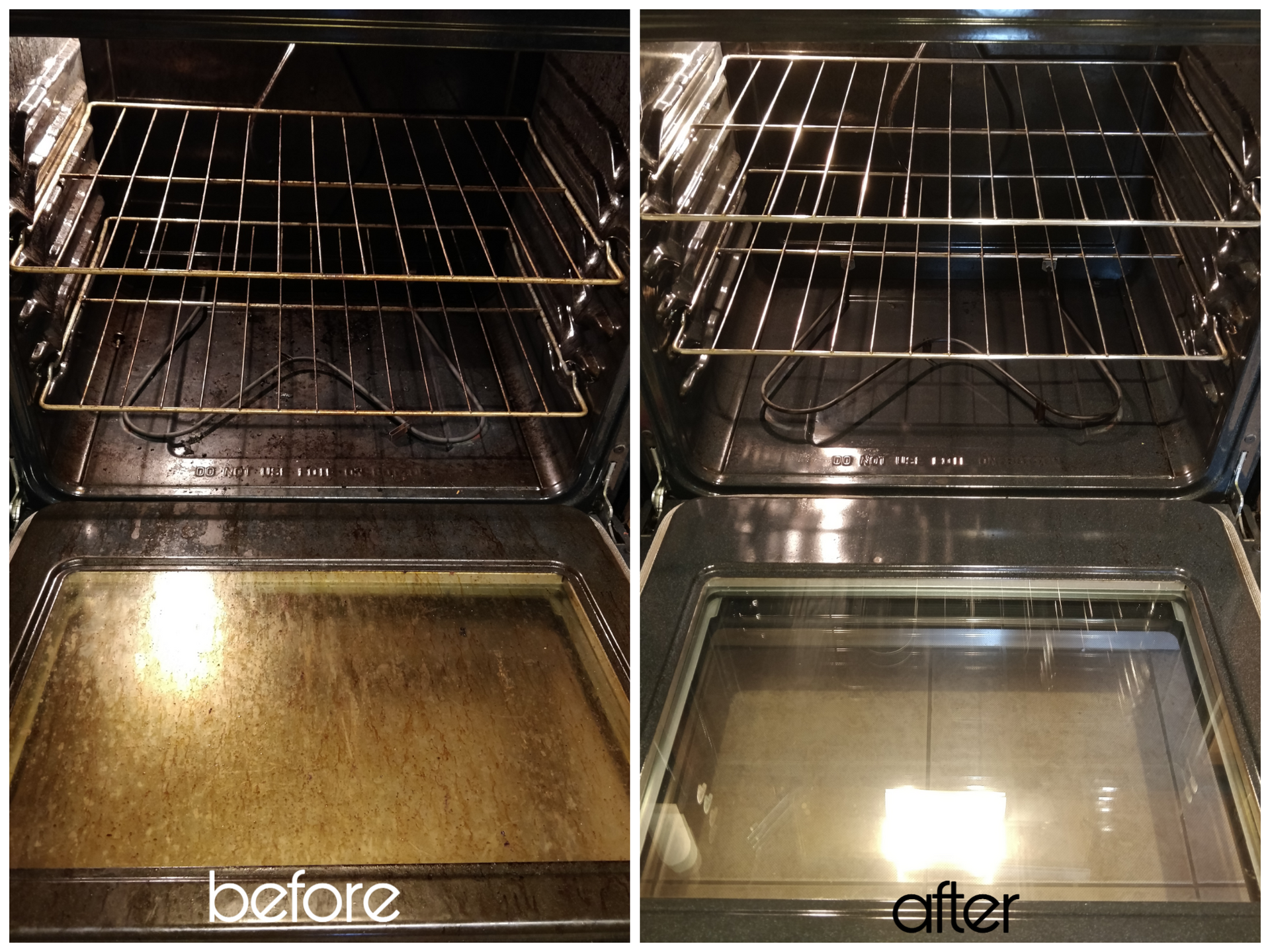 Before-and-after of a clean oven interior, showing dirty then spotless racks and walls.