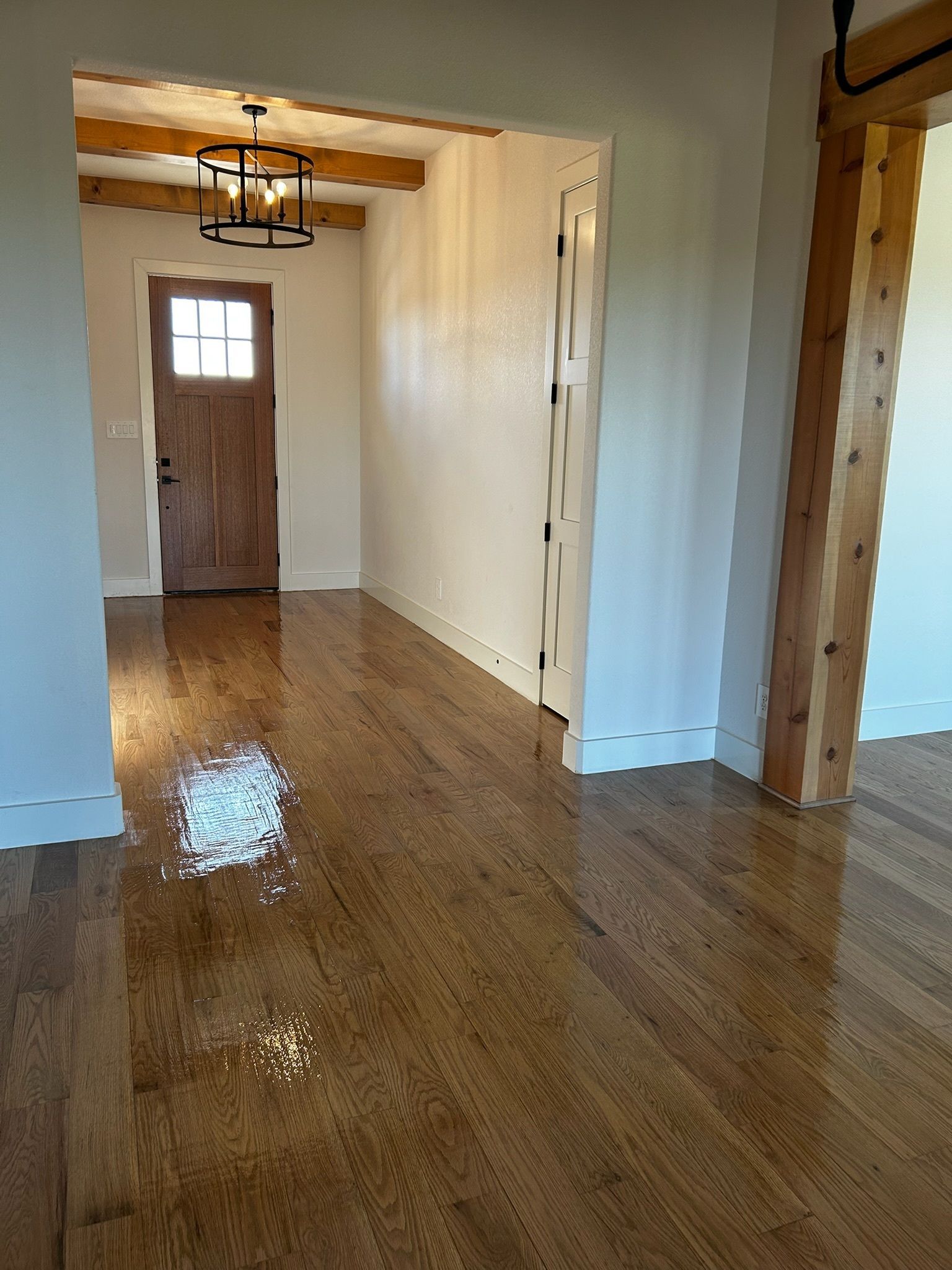 Empty hallway with polished wood floors, white walls, and a front door in the distance.