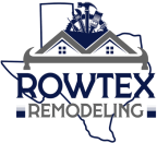 ROWTEX Remodeling logo with blue house roof and Texas outline on a white background