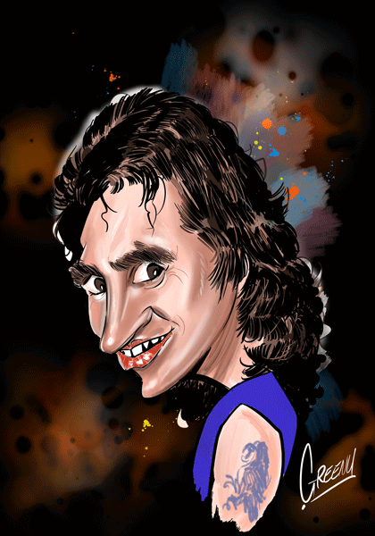 ACDC lead singer BON SCOTT a celebrity caricature by Australian caricature cartoonist DAVID GREEN