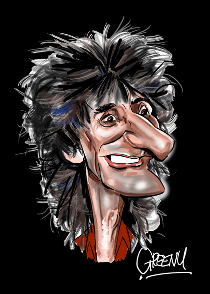 celebrity caricature of te week is Rolling Stone RON WOOD drawn by caricature artist David Green