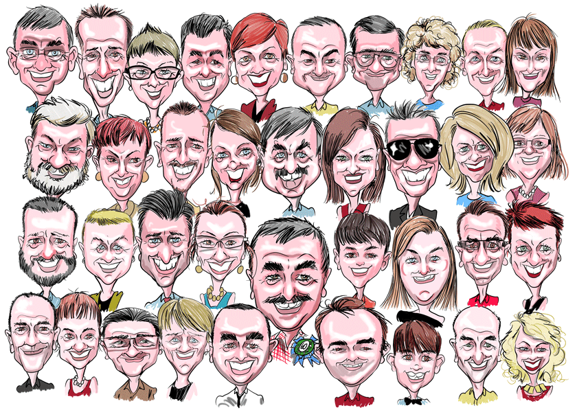 70TH birthday party digital caricature of the whole family drawn live at the rocks in Sydney by David Green