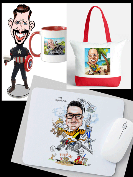 Get your caricature printed on coffee mugs or as a bobblehead puppet — available with Option 1 and Option 3 only.
Caricature Custome tote bage 100% cotton 34 cm height & width, 6 cm depth (exterior front to back of the bag)
Caricature personalised mouse pads great gift idea, smooth surface 6 mm thick Dimensions: 19.71 x 23.495 cm