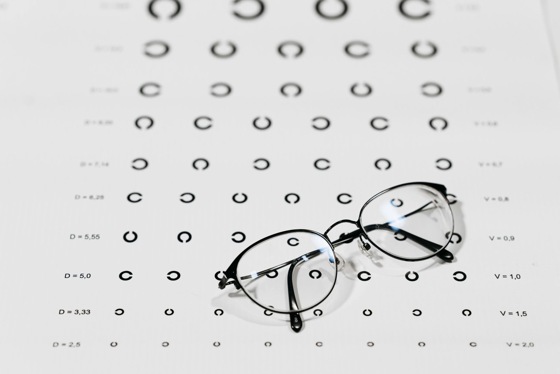 A pair of glasses sitting on top of an eye chart