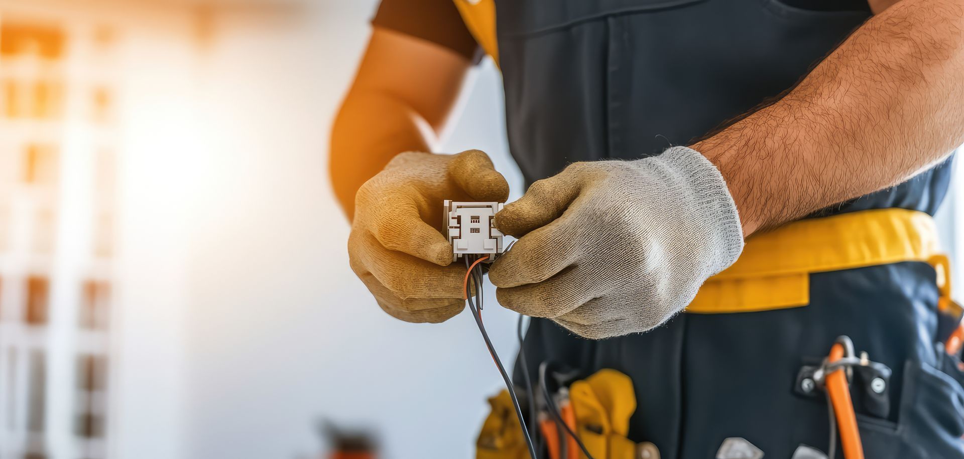 Electrician installing an electrical outlet, wearing work gloves and overalls. Electrician installing an electrical outlet, wearing work gloves and overalls.