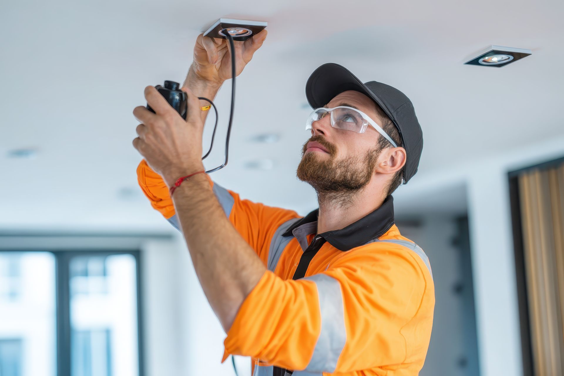 Electrician in blue uniform and white helmet smiling while working on electrical panel. Electrician in blue uniform and white helmet smiling while working on electrical panel.