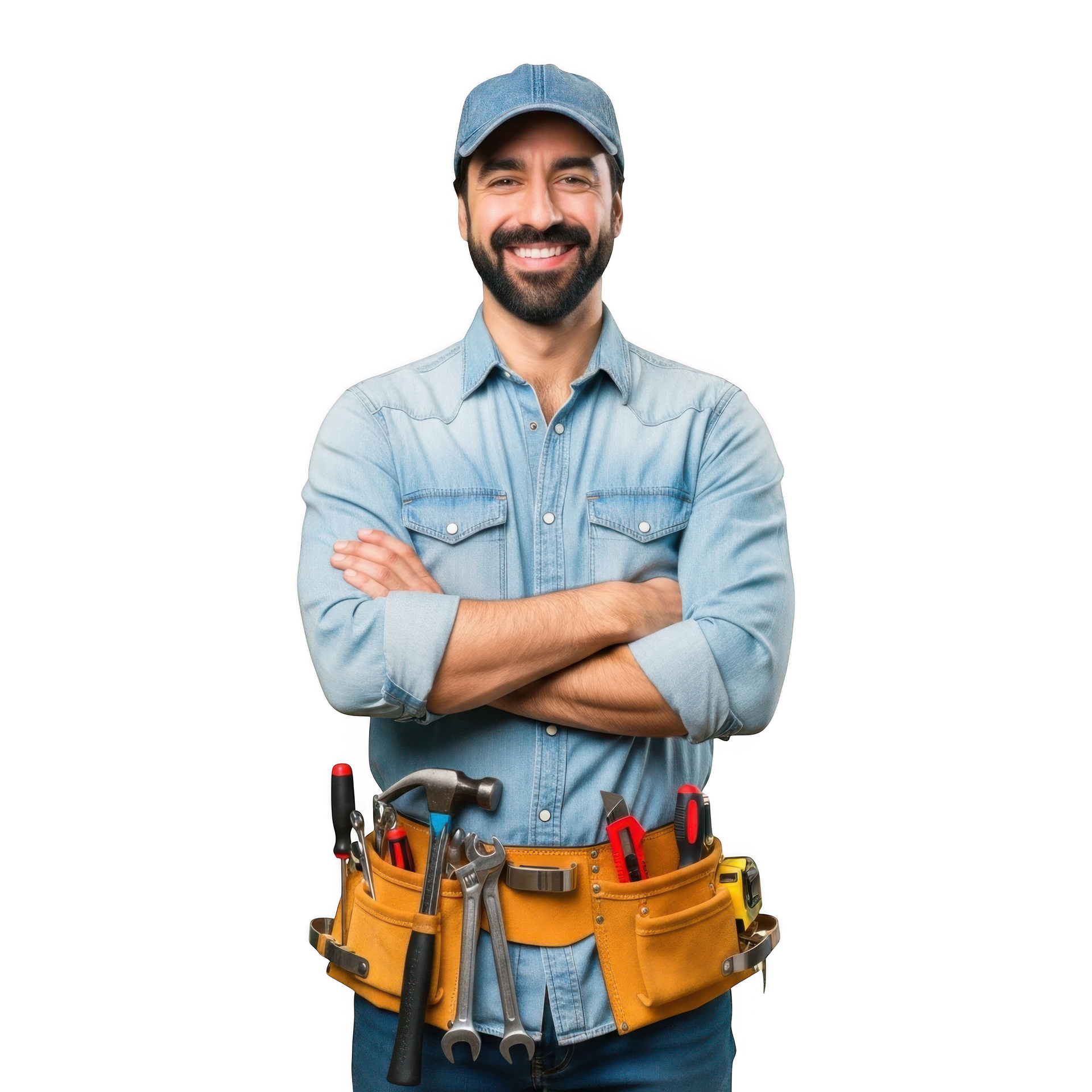 Smiling worker with tool belt and denim shirt, arms crossed, wearing a cap. Smiling worker with tool belt and denim shirt, arms crossed, wearing a cap.