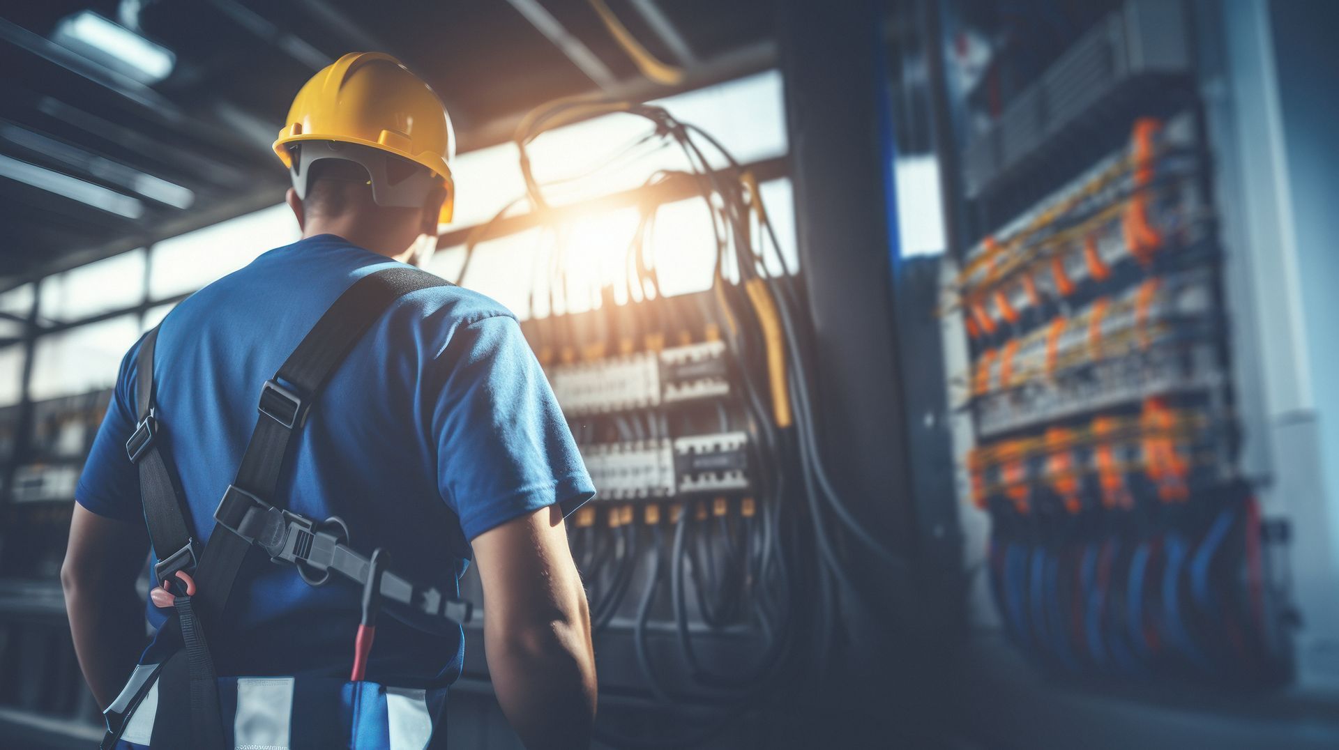 Electrician in a yellow hard hat and safety harness examining wiring in an electrical panel. Electrician in a yellow hard hat and safety harness examining wiring in an electrical panel.