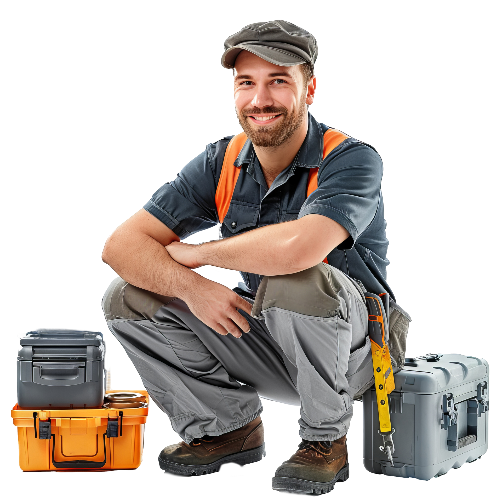 Man in work clothes squats near toolboxes, smiling. Man in work clothes squats near toolboxes, smiling.