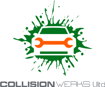Green and white car graphic with orange wrench on a green splatter background, logo for Collision Werks Ltd.