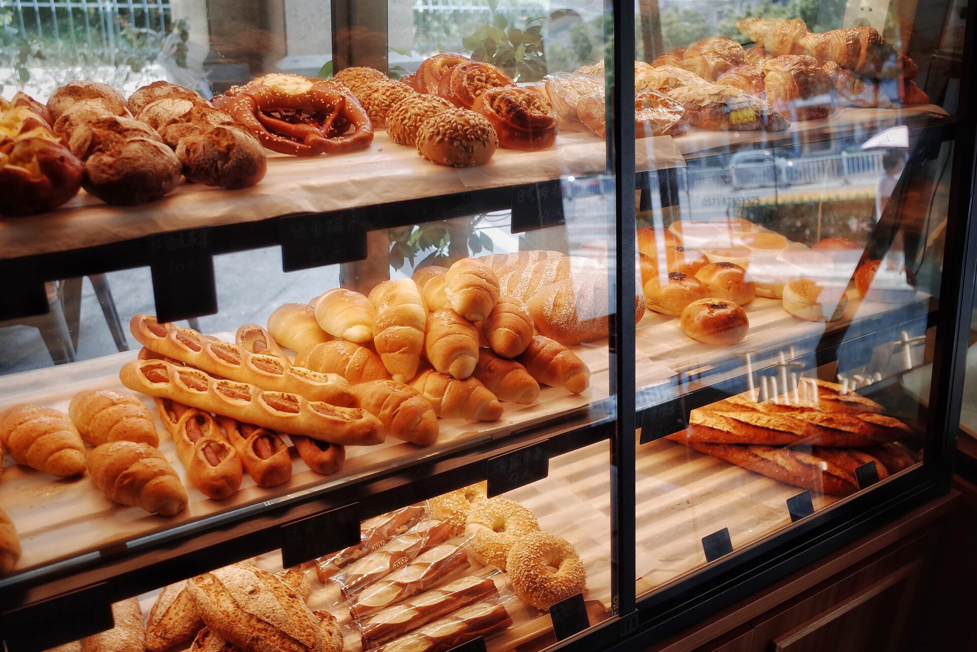Bread displayed on a glass container