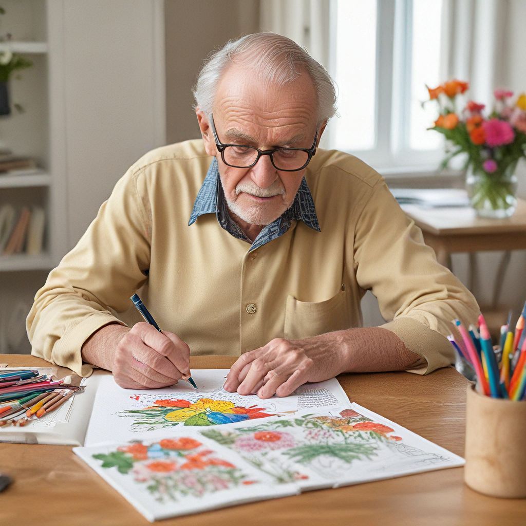 An seior man sitting at a table coloring flower illustrations in a coloring book.