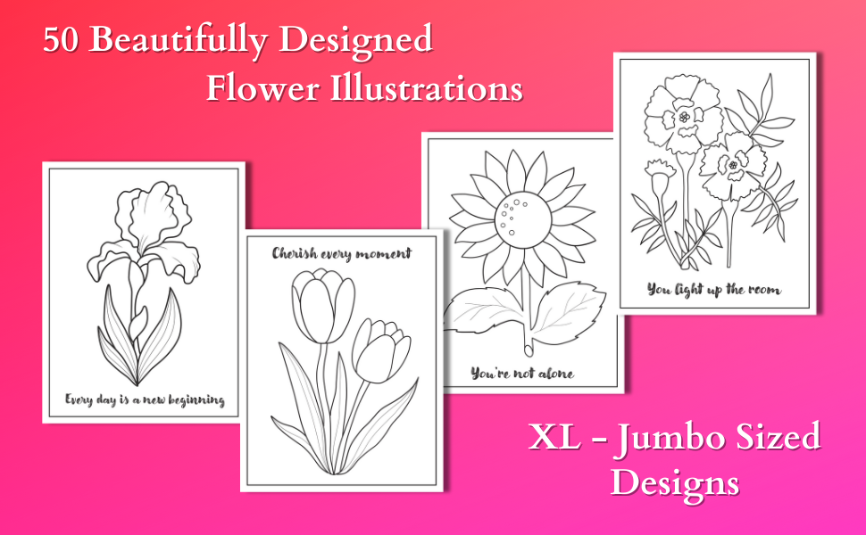 A picture showing 4 flower illustrations from inside the Adult coloring book.