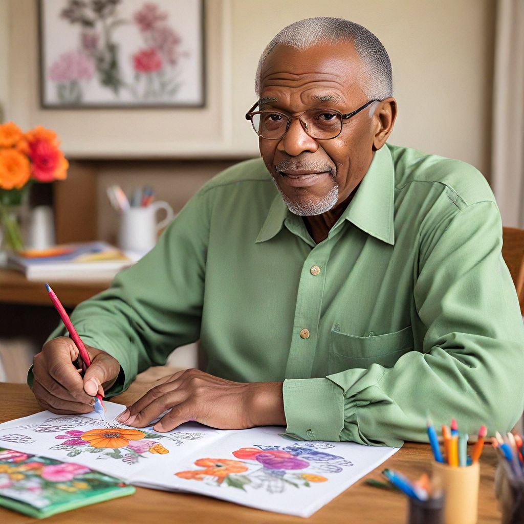 Older man sitting at a desk coloring in a coloring book. 