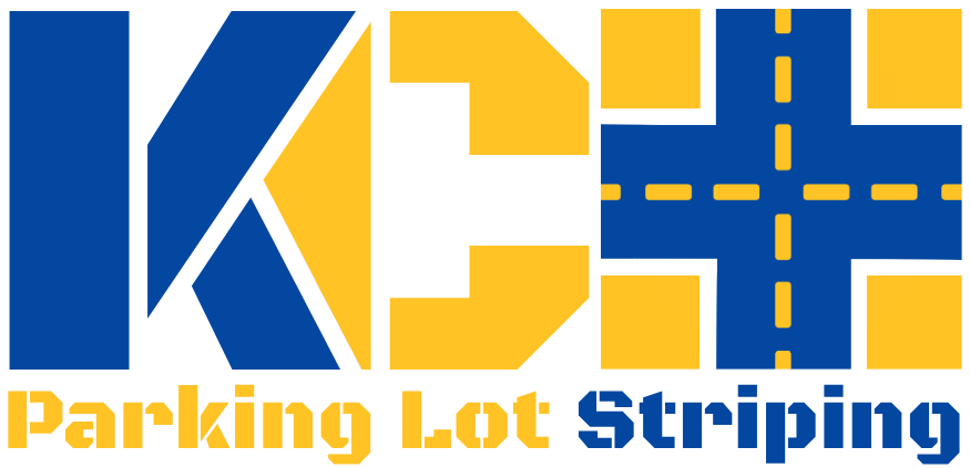 Logo for KC Parking Lot Striping, with blue and gold graphics. Text at the bottom states the business name.