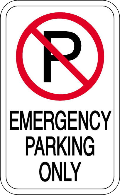 Sign: No parking, red circle with a slash through a black