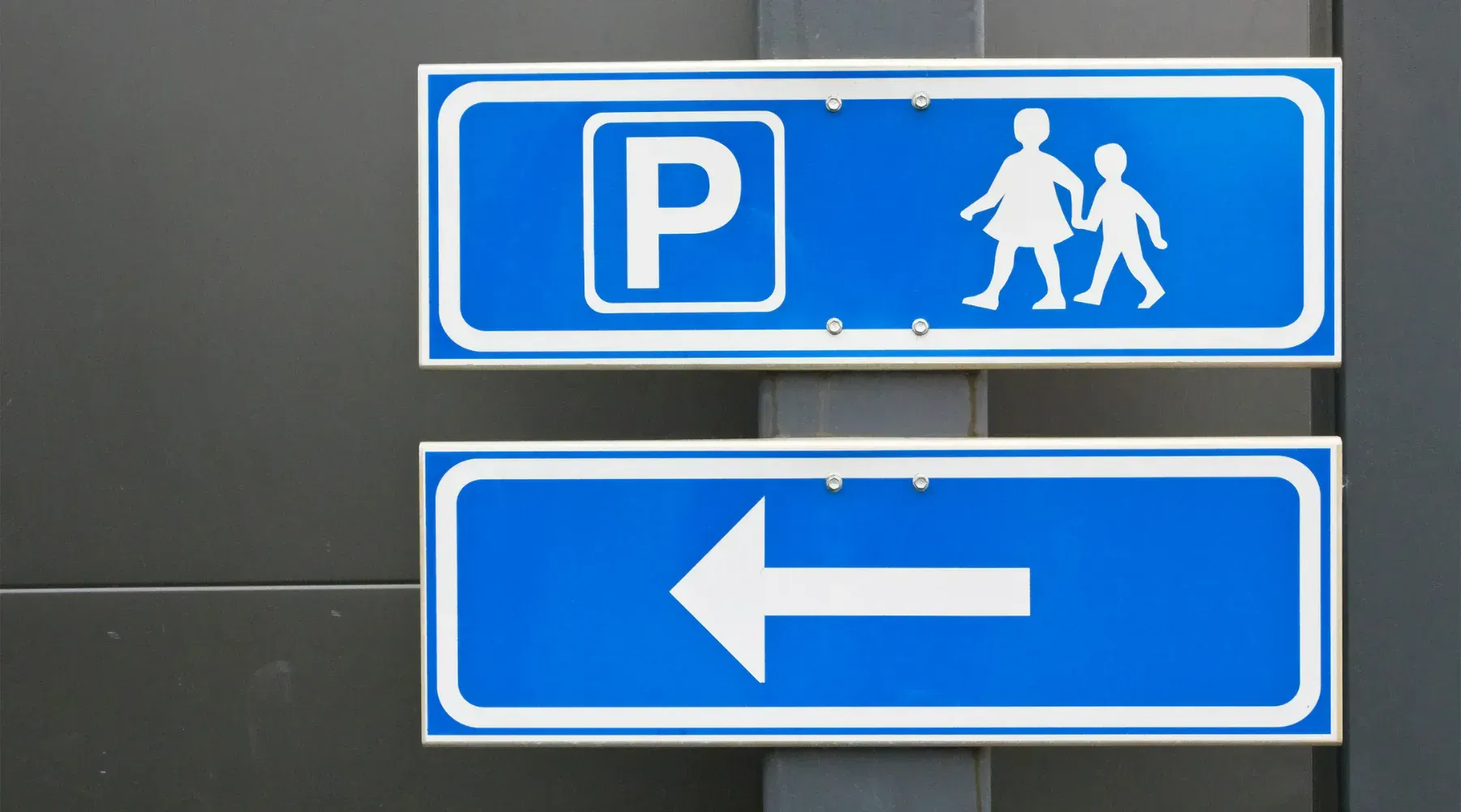Blue signs: parking with children, turn left.