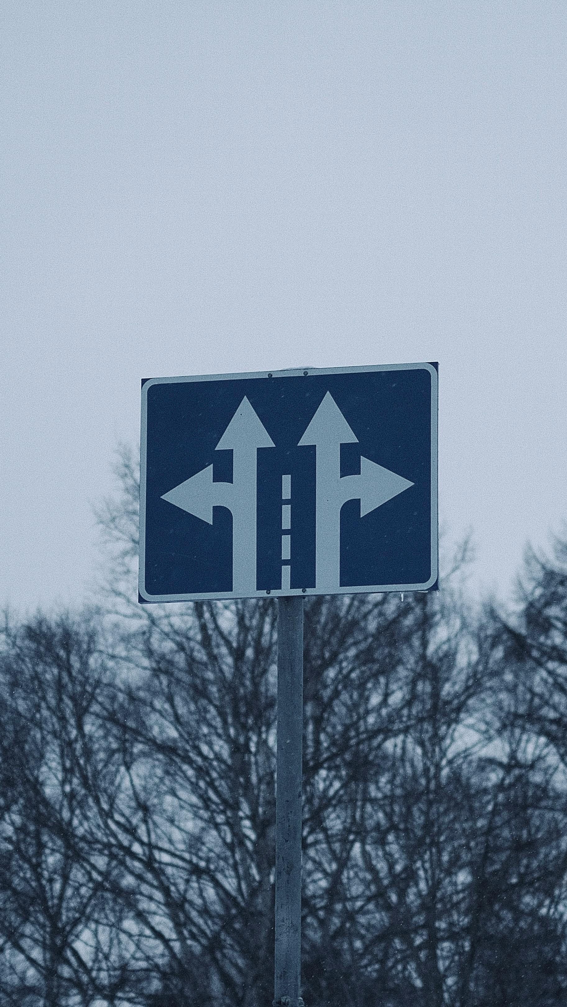 Road sign: center lane can go straight, left or right turn lanes on either side.
