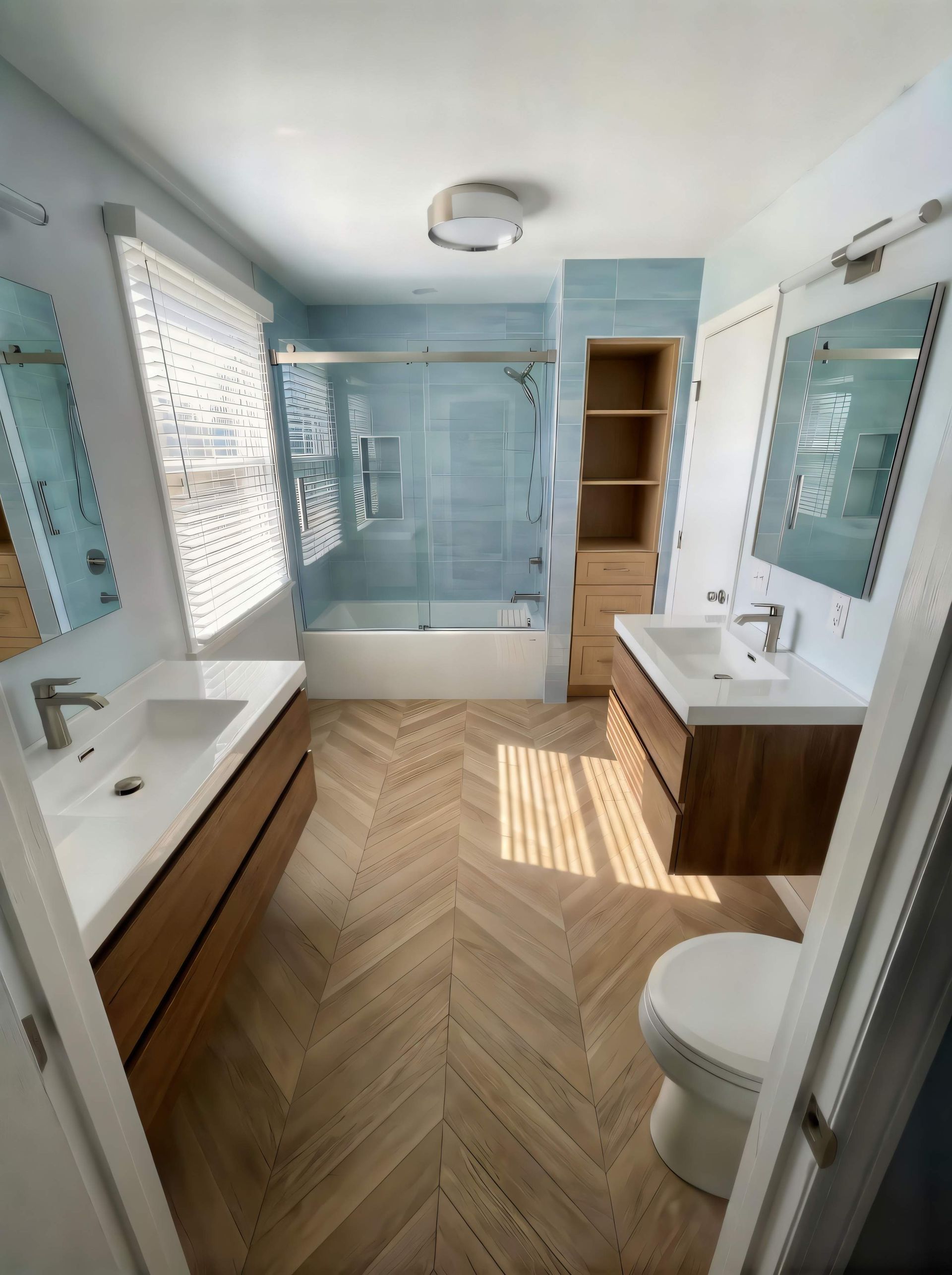 After photo of a Nashville bathroom remodel with improved glass shower doors and custom storage