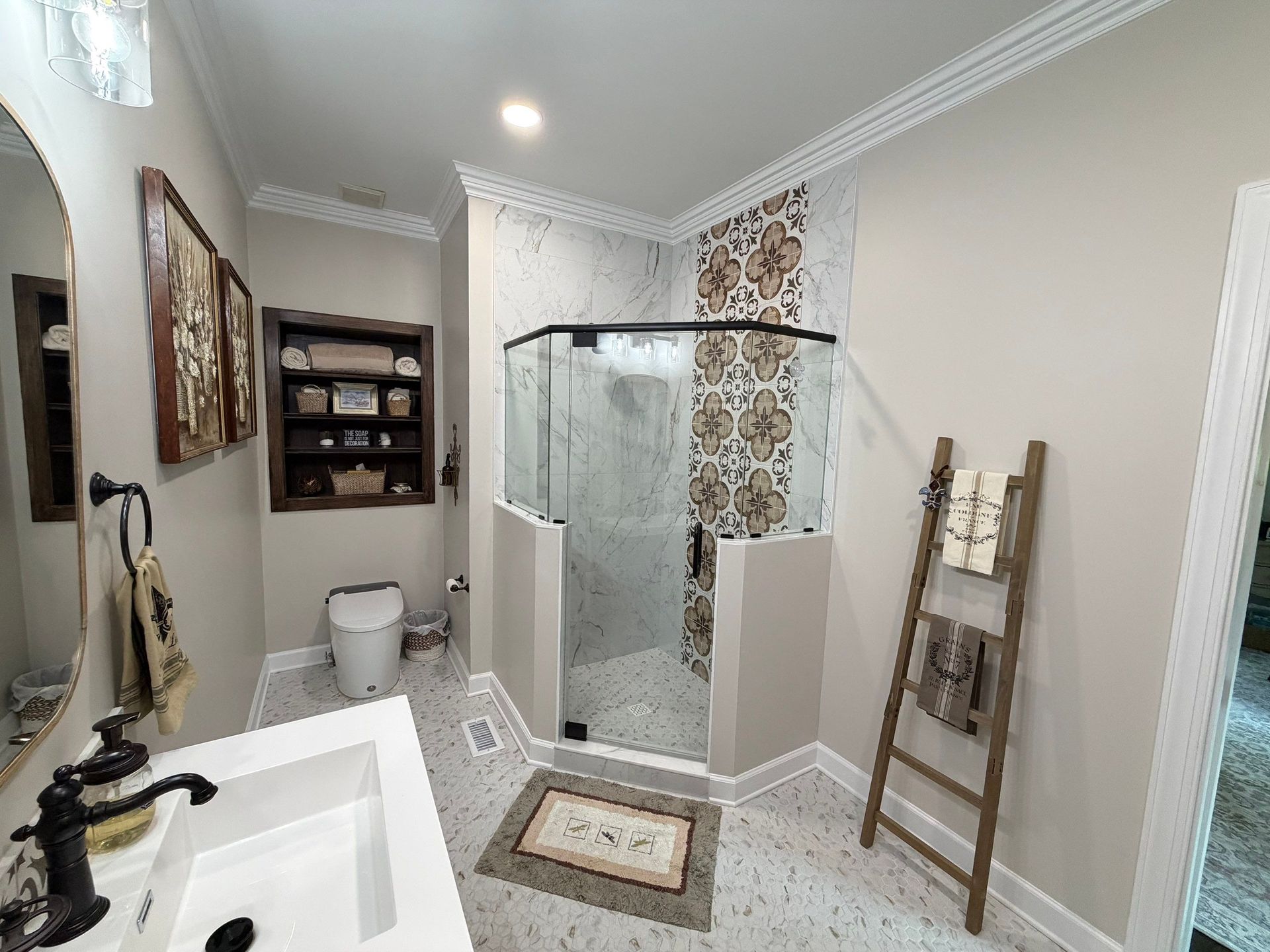 Custom glass shower enclosure with shower accent tile in Brentwood, Tennessee