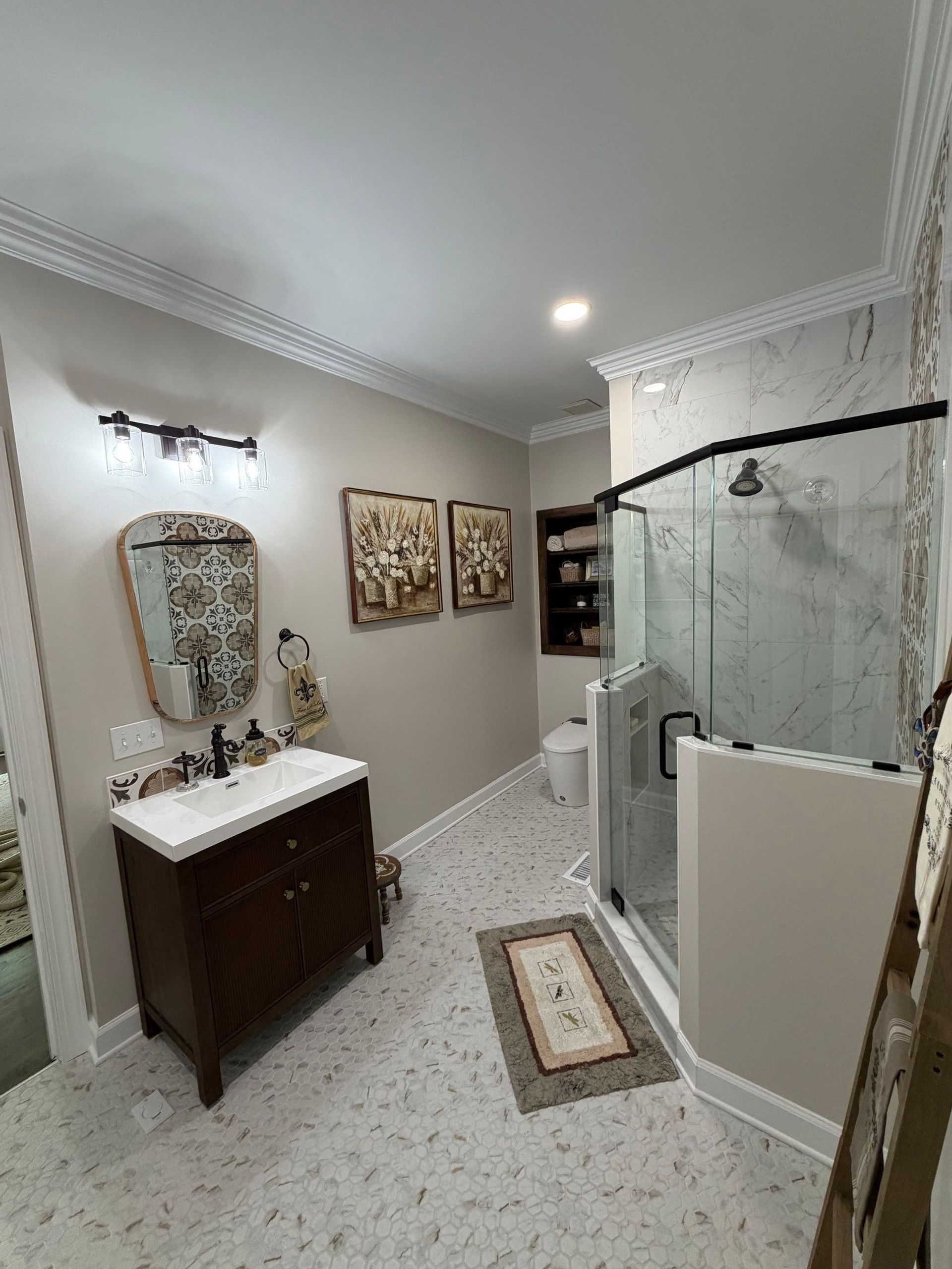 Redesigned bathroom configuration in this Brentwood, Tennessee bathroom remodel
