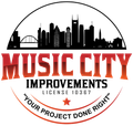 Music City Improvements logo with Nashville skyline, red and black text, and circular badge with slogan