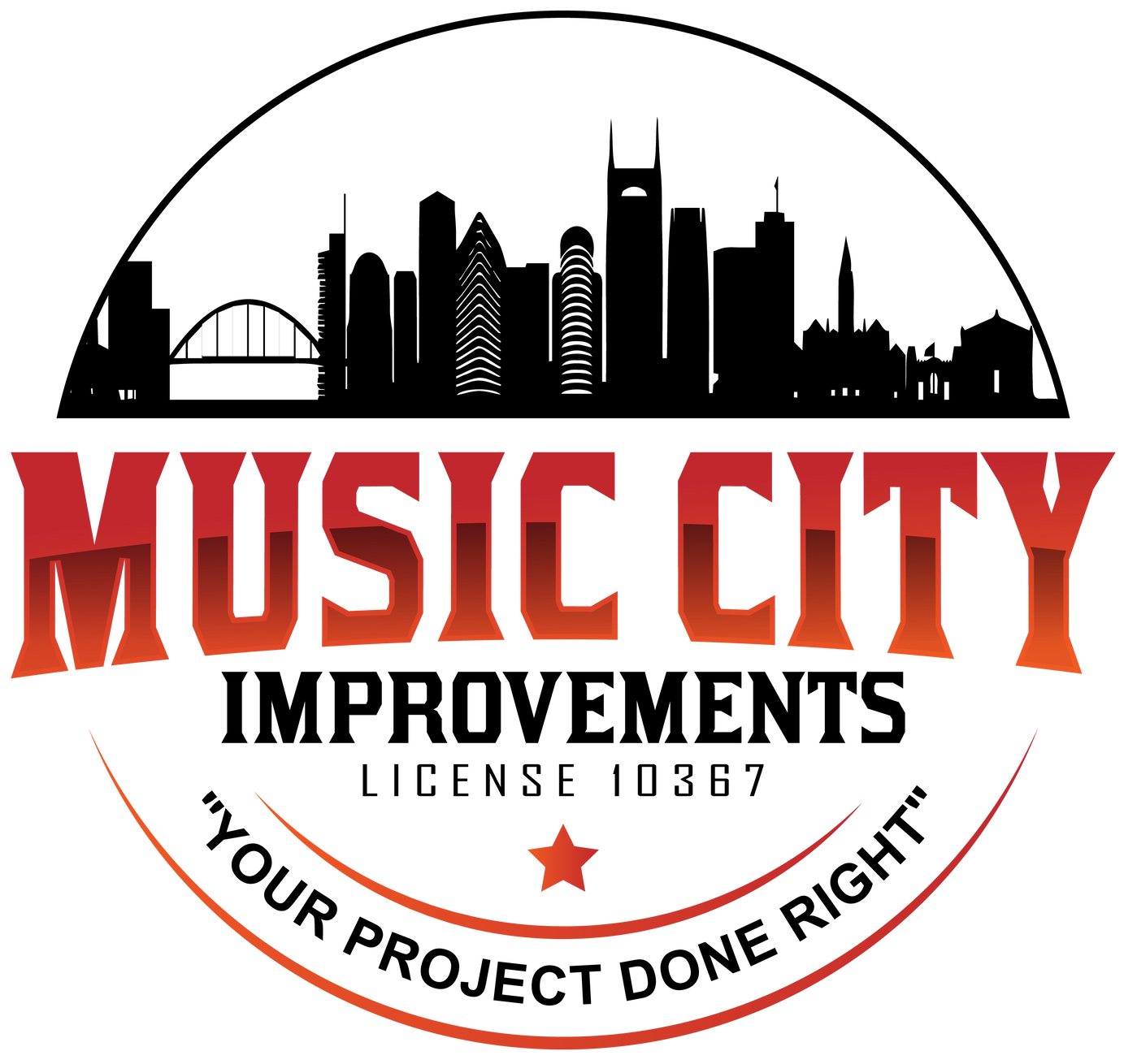 Music City Improvements logo with Nashville skyline, red and black text, and circular badge with slogan