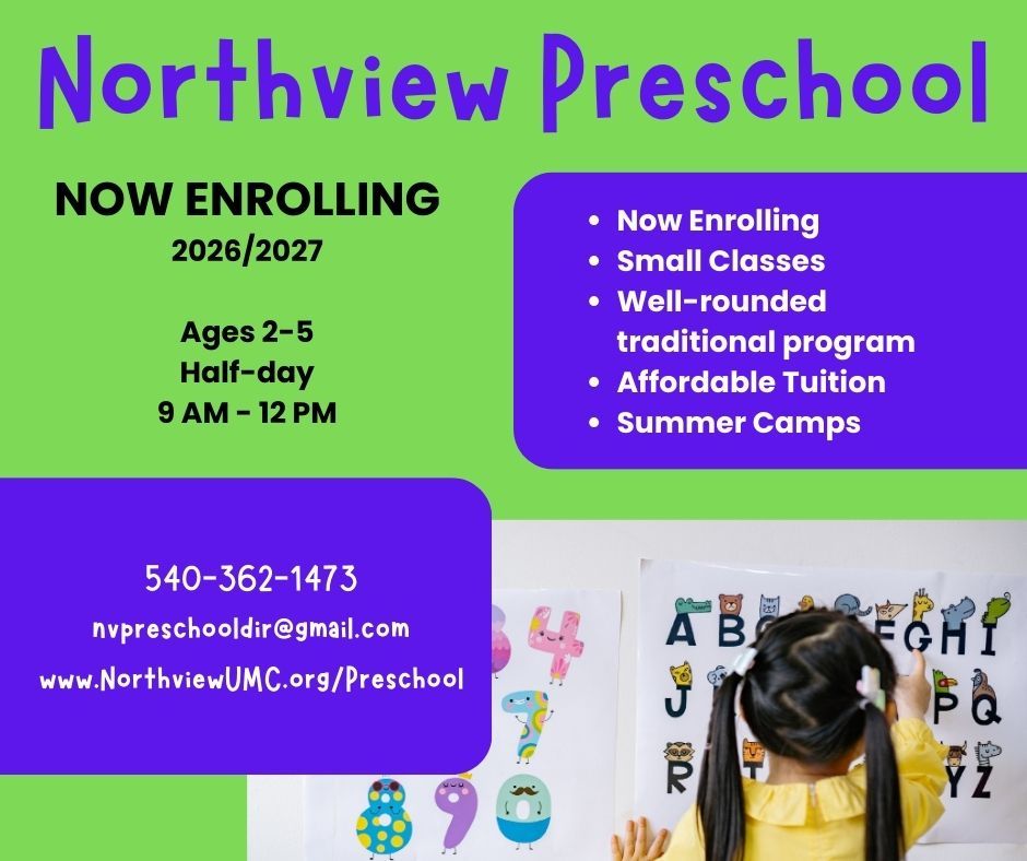 Flyer for Northview Preschool, 2026/2027, featuring contact info, program details, and a child pointing to an alphabet chart.