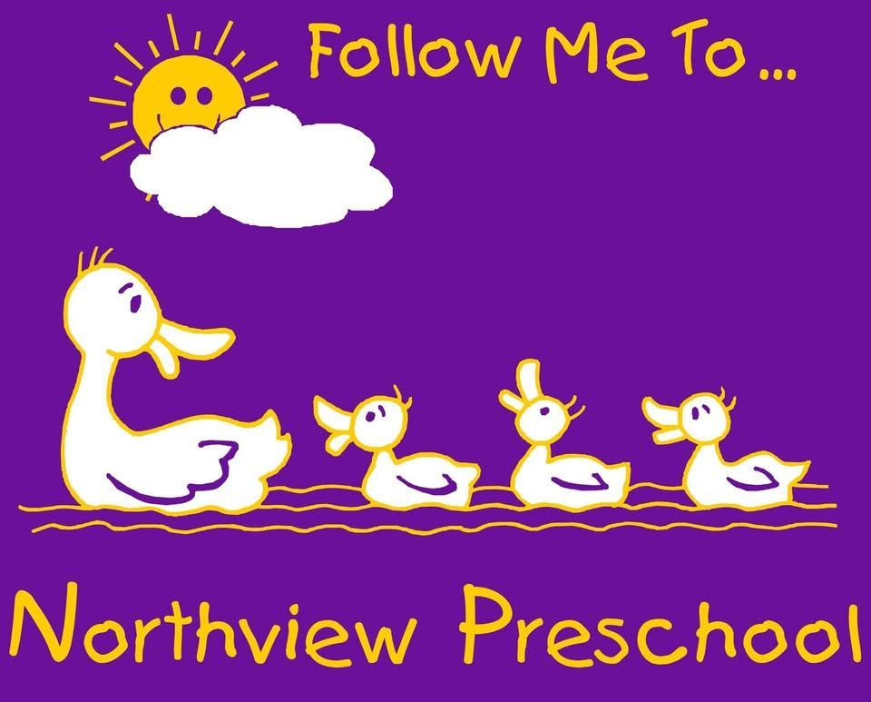 Logo for Northview Preschool showing a duck and three ducklings swimming under a sun and cloud on a purple background.