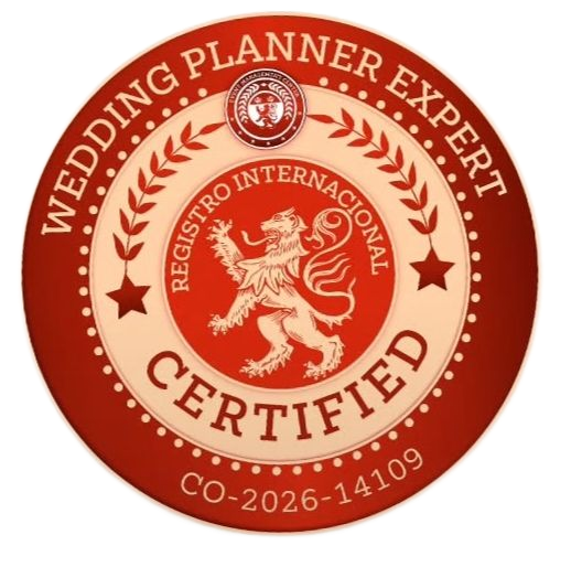 Sello circular rojo para certificar a un experto en organización de bodas, con una corona de laurel y un emblema de león.