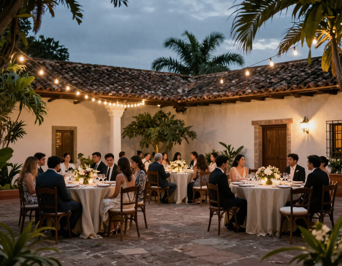Cena al aire libre por la noche, con guirnaldas de luces, mesas redondas e invitados en un jardín con patio interior