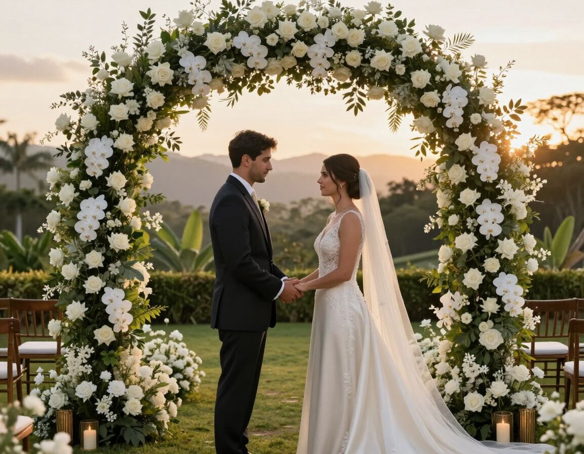 Una pareja de la mano bajo un arco nupcial adornado con flores blancas, al atardecer, en un jardín al aire libre.
