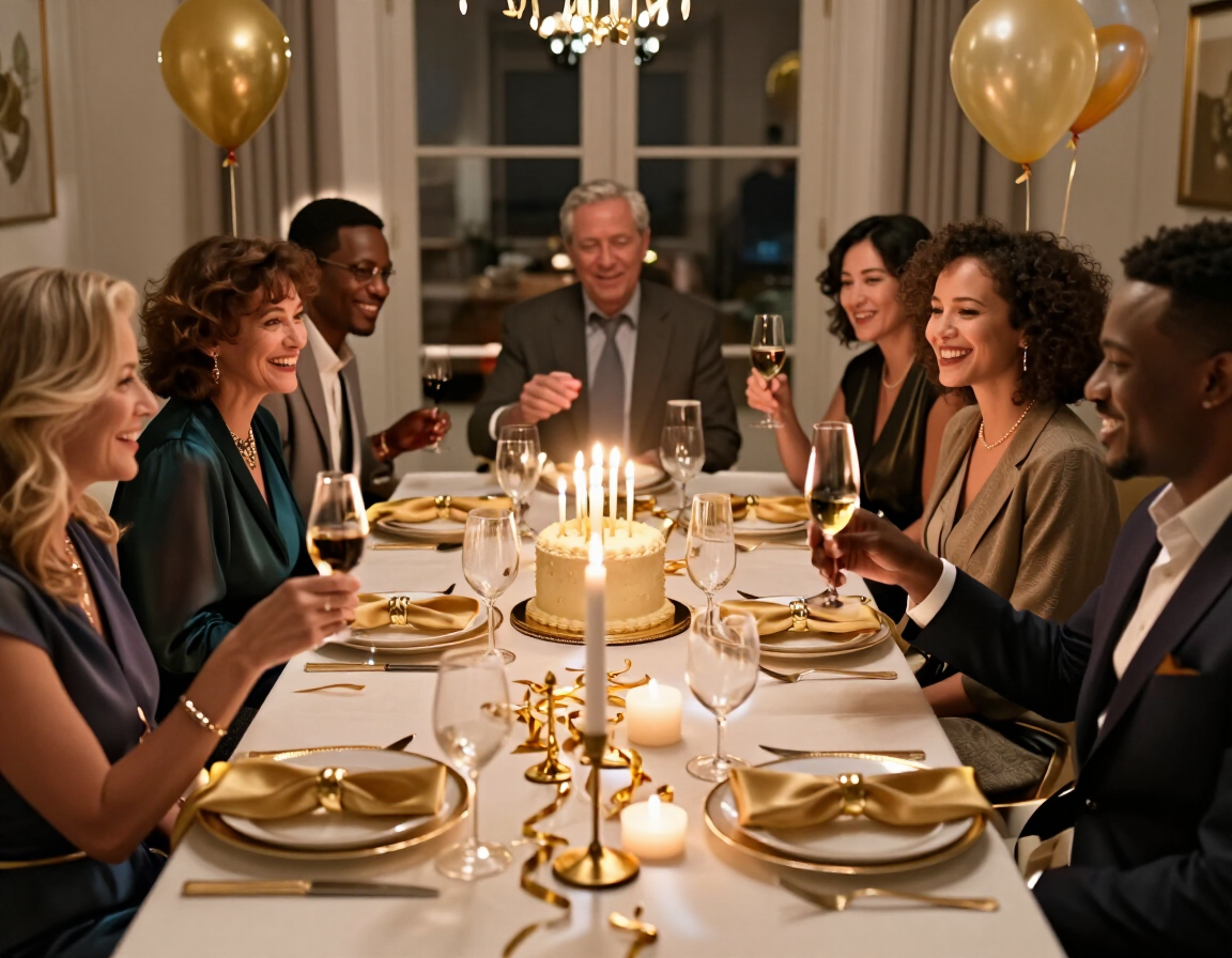 Cena con seis invitados alrededor de una mesa iluminada por velas, globos dorados y un anfitrión sonriente en el centro.