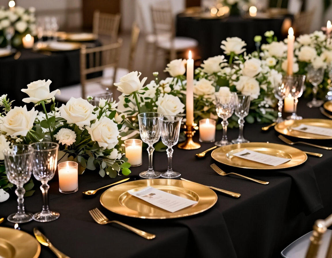 Elegante mesa de banquete con mantel negro, bajo platos dorados, flores blancas y velas encendidas