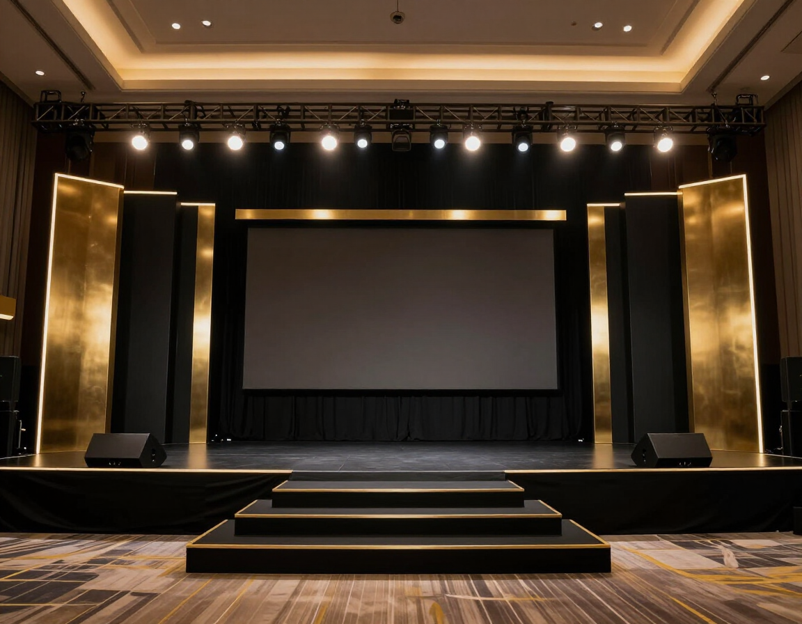 Escenario vacío con una gran pantalla de proyección, focos y escalones en un auditorio moderno