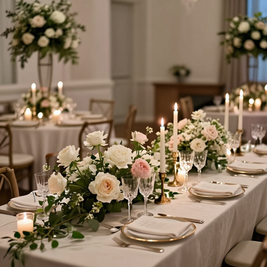 Elegante mesa de recepción de boda con centros de mesa florales blancos
