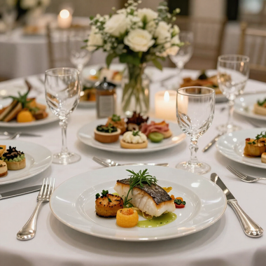 Elegante mesa de alta cocina, dispuesta con mariscos emplatados, copas de cristal, velas y un centro de mesa