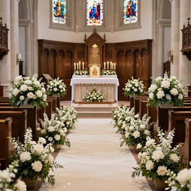 Pasillo de iglesia flanqueado de flores que conduce a un altar decorado con velas y arreglos florales blancos