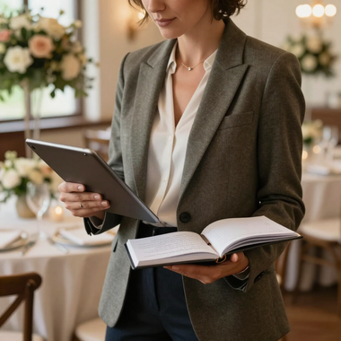 Persona con blazer, una tablet y un cuaderno abierto en un elegante evento en interiores