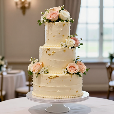 Tarta nupcial blanca de tres pisos con rosas en tonos rubor y motas doradas sobre un soporte con pedestal